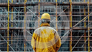 A minimalist composition featuring the back view of an engineer or architect worker against