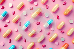 A minimalist composition featuring of colorful pharmaceutical pills and capsules arranged on a pink background