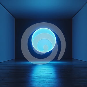 floating glowing blue orb in dark minimalist room with surreal atmosphere photo