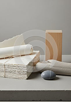 A minimalist composition featuring a stack