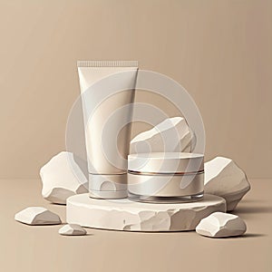 A minimalist composition featuring two cosmetic containers: a squeezable, matte, beige