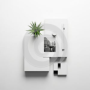 Minimalist composition featuring a white geometric arrangement of rectangular