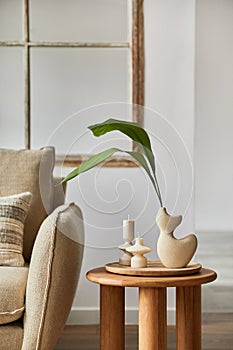 Minimalist composition of modern living room interior details. Creative vases on the wooden side table. Home staging. Template.