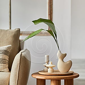 Minimalist composition of modern living room interior details. Creative vases on the wooden side table. Home staging. Template.