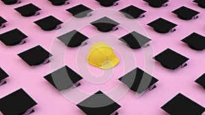 Minimalist composition pattern with diferents graduation caps and one helmet on a pink background photo