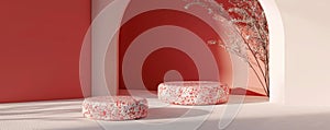Minimalist composition with pink stone objects on a red background