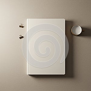 A minimalist composition on a textured beige surface. A plain, white hardcover