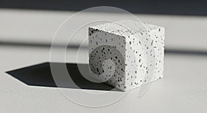 Minimalist composition of a textured cube casting a dramatic shadow in sunlight
