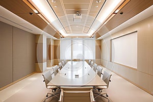 A minimalist conference room featuring a long table surrounded by chairs in neutral colors, A minimalist conference room with
