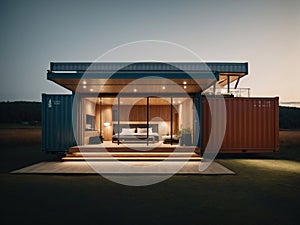 Minimalist Container House Illustration. Modern Home Made of Shipping Container. Villa or Apartment 3D Illustration