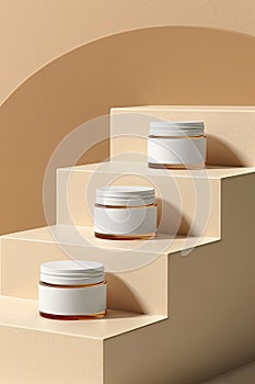 Minimalist cosmetic cream jars on a sandy-colored stepped display.