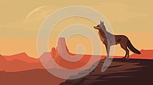 Minimalist Coyote: A Superflat Style Wolf On A Desert Cliff At Night