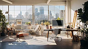 Minimalist Creative Studio with Cityscape View