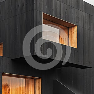 Minimalist cubic structure, featuring warm wooden cladding against stark black panels.AI Generate photo