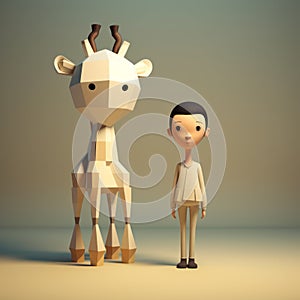 Minimalist 3d Character: Boy Next To Giraffe In Low Poly photo