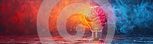 Minimalist 3D concept of a cheerful brain in a bulb with vivid colors sparking creativity