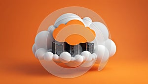 3D Render: Cloud Computing Servers on Orange Background