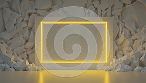 Abstract Geometric Frame with Neon Glow on Rocky Textured Background