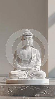Minimalist 3D rendering of a white Buddha statue, placed against a stark, clean background.AI Generate photo