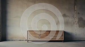 Minimalist Dark Wooden Dresser In Empty Room - Editorial Style Photograph