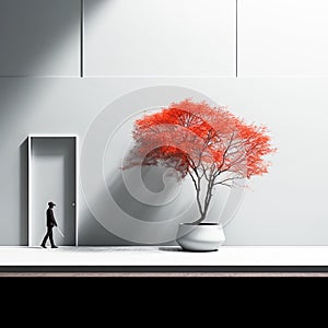Minimalist decor in white painted exterior house, with small red detail. AI generated