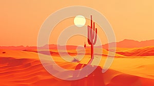 Minimalist desert at high noon, single cactus silhouette, heat waves visual, 3D art style