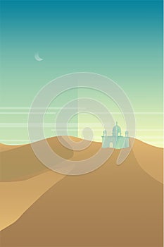 Minimalist desert panorama landscape with sand dunes and clear blue sky on very hot sunny day summer  concept. Scenery nature