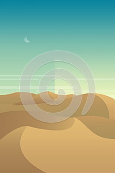 Minimalist desert panorama landscape with sand dunes and clear blue sky on very hot sunny day summer  concept. Scenery nature