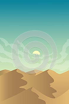 Minimalist desert panorama landscape with sand dunes and clear blue sky on very hot sunny day summer  concept. Scenery nature