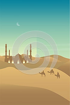 Minimalist desert panorama landscape with sand dunes and mosque on very hot sunny day summer concept. Scenery nature  background