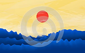 Minimalist design. Blue waves sea with soft yellow sky and red sun background. Vector illustration