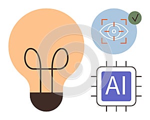 Artificial Intelligence Concept with Light Bulb, AI Chip, and Visual Recognition Icon