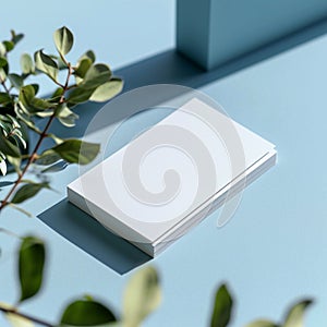 Minimalist design featuring a stack of blank business cards with greenery.