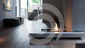 The minimalist design of the fireplace seamlessly incorporates modern technology making it both functional and photo