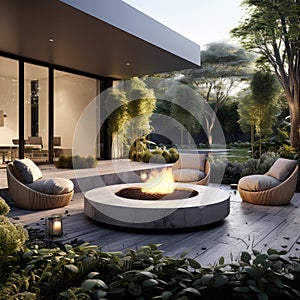 Minimalist Design Garden With Round Fireplace And Seating Area photo
