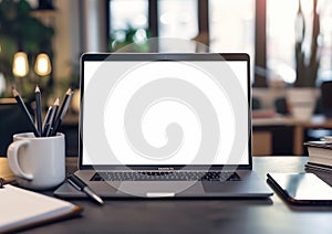 A minimalist desk in a school classroom with a modern laptop with a white screen