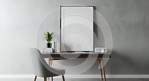 Minimalist Desk Setup with Blank Frame and Plant