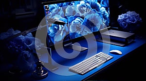 A minimalist desk setup with a blue computer, keyboard, and mouse, and blue flowers in a vase on the desk.