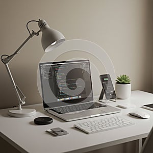 A minimalist desk setup features a laptop displaying code, suggesting a programming