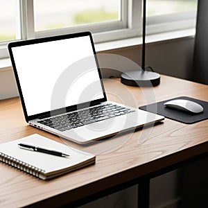 Desk setup features an open laptop with a blank screen. A black pen