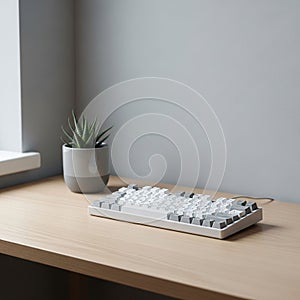 The background wall is a muted gray complementing the overall neutral