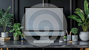 Modern Workspace with Desktop and Greenery photo