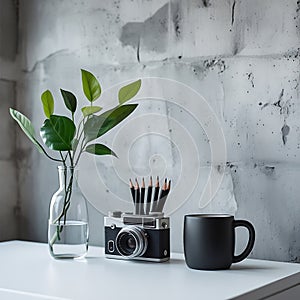 Minimalist Desk Setup with Vintage Camera and Greenery photo