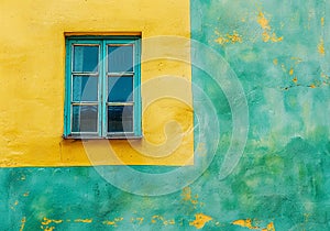 Minimalist detail of a window on the facade of a house. Color contrast. AI generated