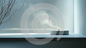 Minimalist diffuser emitting vapor on a shelf