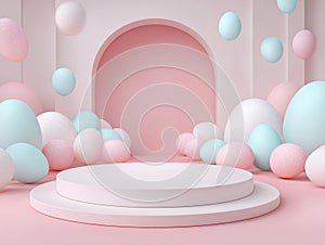 Minimalist digital backdrop with pastel balloons and Easter eggs, soft pink glow, symmetrical composition, elevated platform