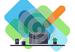 A minimalist digital illustration features a laptop displaying colorful