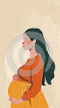 Minimalist digital illustration of a serene pregnant woman in a warm, sunlit setting