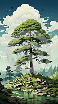 Minimalist Digital Painting Of A Sublime Wilderness With A Majestic Tree