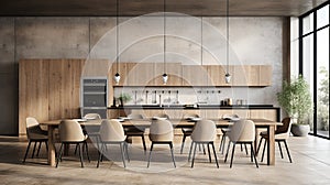 Minimalist dining area spacious kitchen with large wooden table and concrete wall